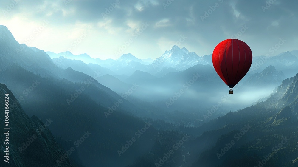 Red hot air balloon soaring above mountain range with valley below and mountains in backdrop Red hot air balloon soaring above mountain range with valley below and mountains in backdrop