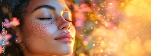 Surreal portrait of a woman with flowers growing from her skin, petals in vibrant shades of pink, blue, and yellow, soft and radiant light