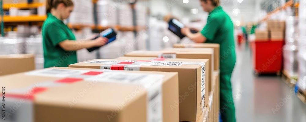 Inventory labels being applied to products in a warehouse, workers using barcode scanners, soft lighting, high detail, organized workflow Inventory labels being applied to products in a warehouse, workers using barcode scanners, soft lighting, high detail, organized workflow
