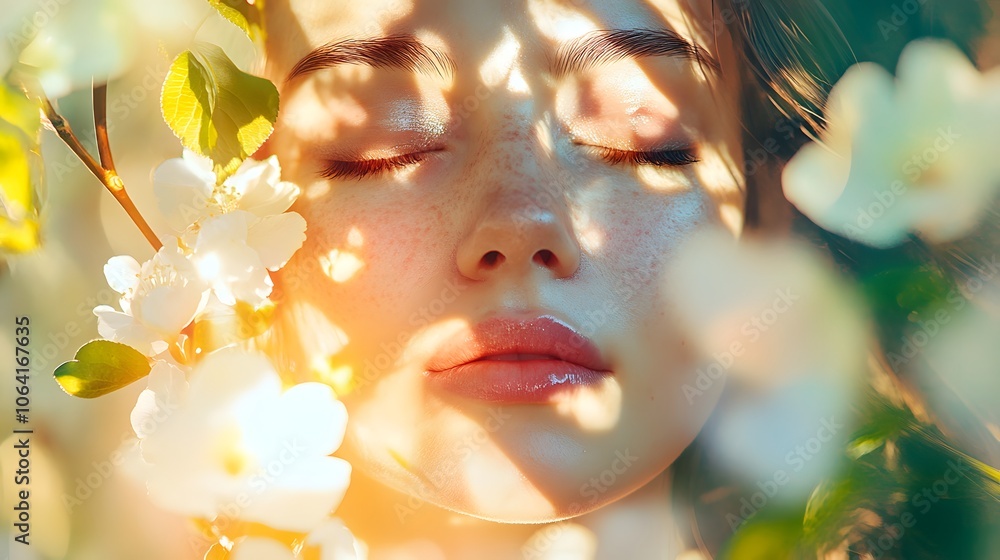 Fototapeta premium Surreal portrait of a woman with flowers growing from her skin, petals in vibrant shades of pink, blue, and yellow, soft and radiant light