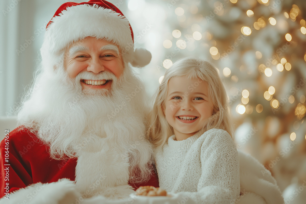 happy smiling little girl with santa claus on christmas holiday against christmas tree background in bright white clean room, generative AI