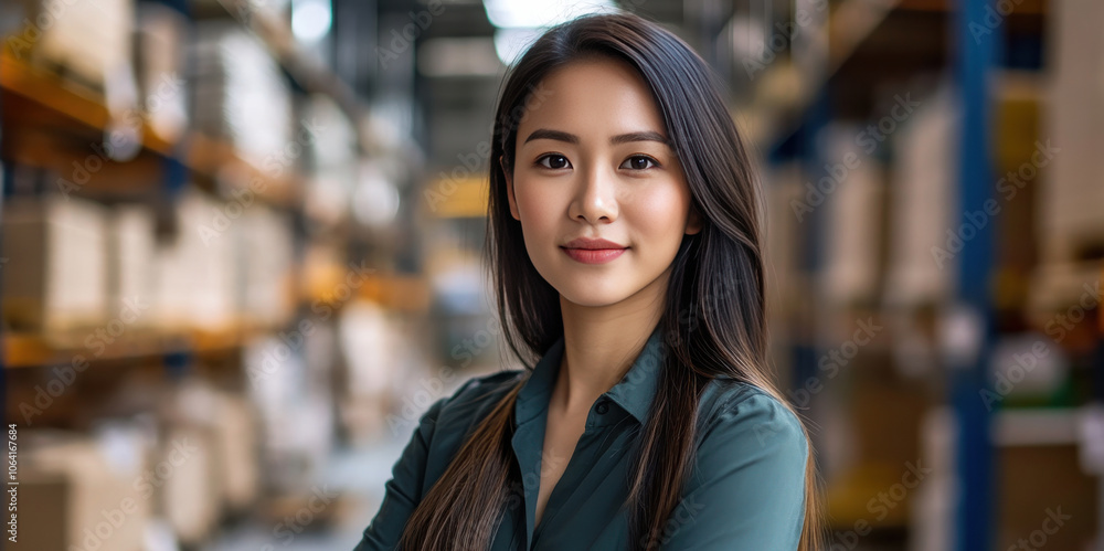 Confident Businesswoman in Warehouse Setting: Empowering Leadership and Professionalism Confident Businesswoman in Warehouse Setting: Empowering Leadership and Professionalism