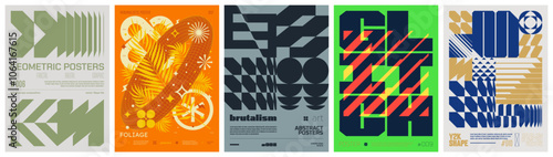 Set modern art colorful trendy poster, abstract geometric A4 composition graphic in Y2K aesthetics, vector simple shapes rave print artwork modernism and minimalistic brutalism style, mix set 4