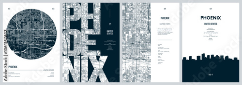 Set of travel posters with Phoenix, detailed urban street plan city map, Silhouette city skyline, vector artwork