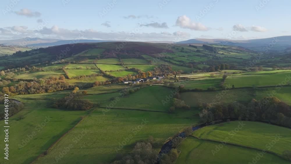 Farms over Trecastle from a drone at sunset, Brecon Beacons National Park, Powys, Wales, England Farms over Trecastle from a drone at sunset, Brecon Beacons National Park, Powys, Wales, England