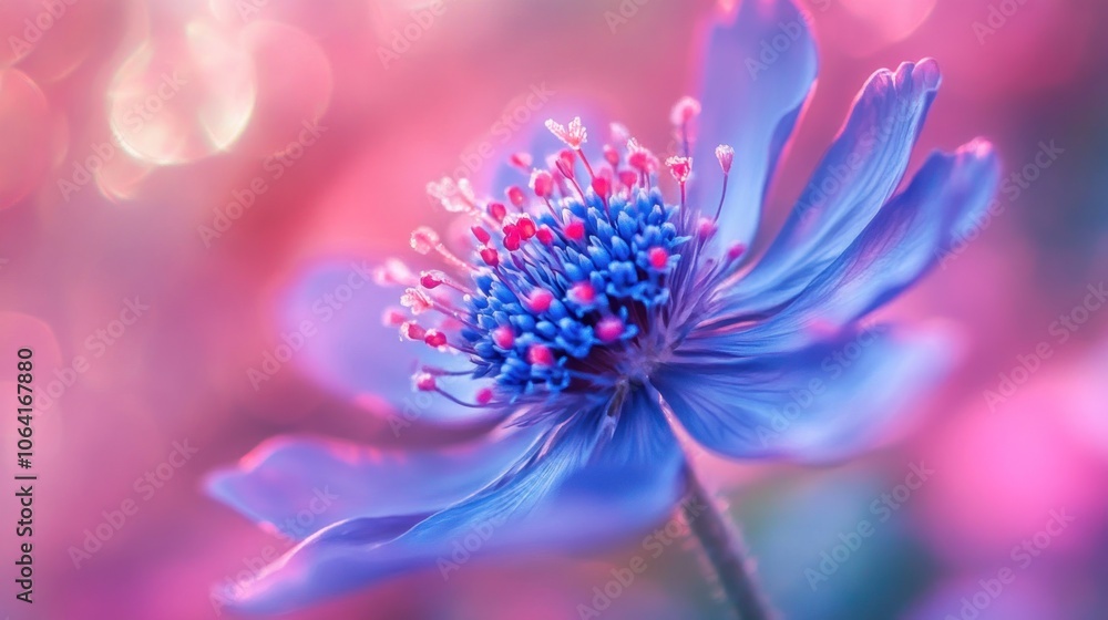 A close-up of a vibrant blue flower with pink accents, set against a soft pink bokeh background. A close-up of a vibrant blue flower with pink accents, set against a soft pink bokeh background.