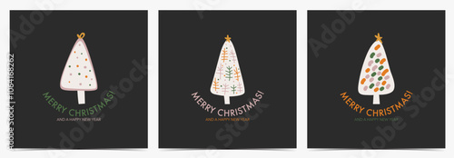 Minimalist Merry Christmas card, postcard, flyer, label, leaflet set with unique colorful Christmas trees on black background, vector illustration