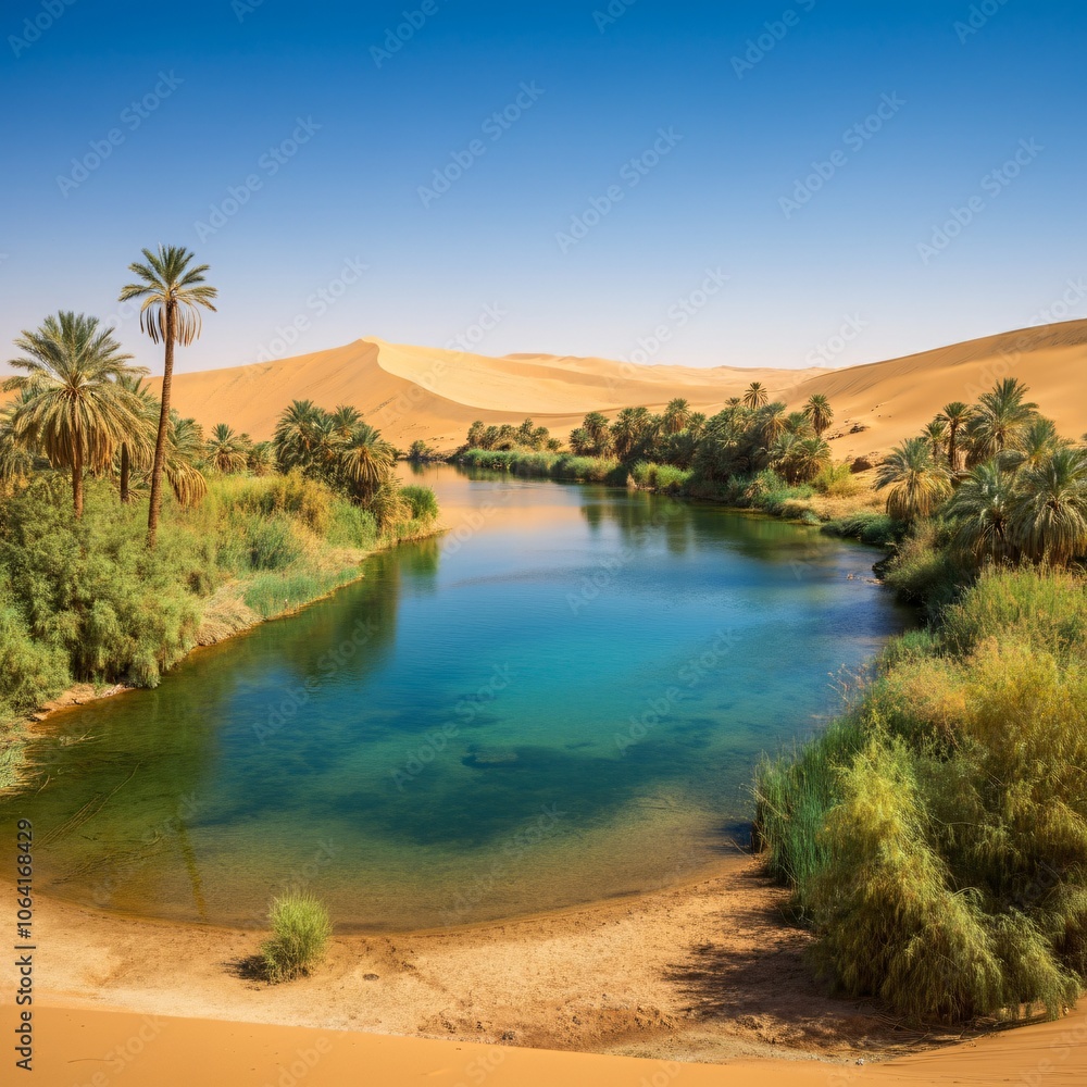 Hidden oasis with clear blue water and palm trees surrounded by desert dunes Hidden oasis with clear blue water and palm trees surrounded by desert dunes