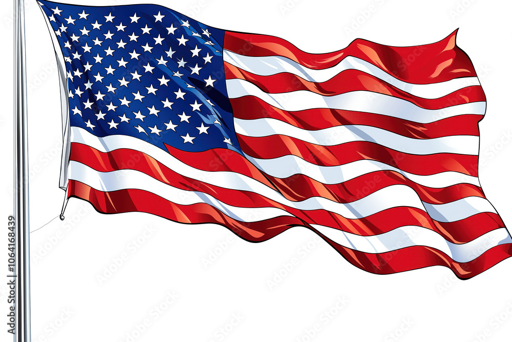 American flag in full swing, red and white stripes on gray background. Flag attached to pole, iconic stars and stripes visible. Balance and symmetry in central composition. Transparent isolated. American flag in full swing, red and white stripes on gray background. Flag attached to pole, iconic stars and stripes visible. Balance and symmetry in central composition. Transparent isolated.
