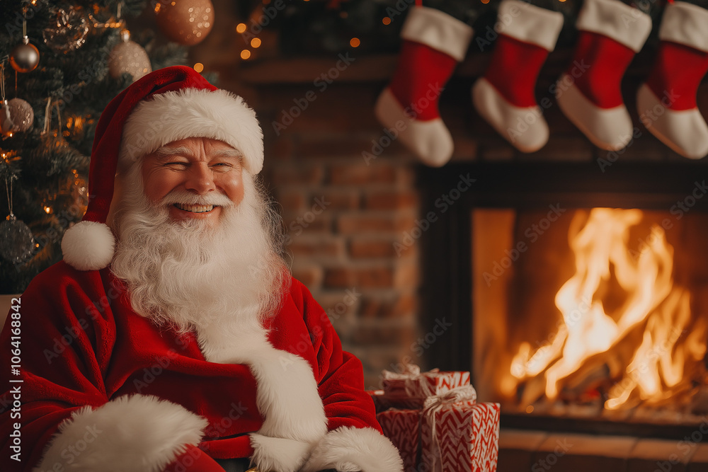 santa claus sitting by the christmas tree and fireplace with socks for gifts, generative AI santa claus sitting by the christmas tree and fireplace with socks for gifts, generative AI