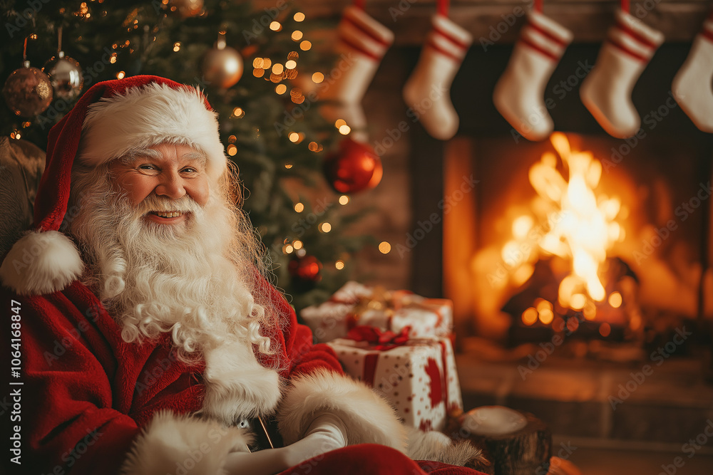 santa claus sitting by the christmas tree and fireplace with socks for gifts, generative AI santa claus sitting by the christmas tree and fireplace with socks for gifts, generative AI
