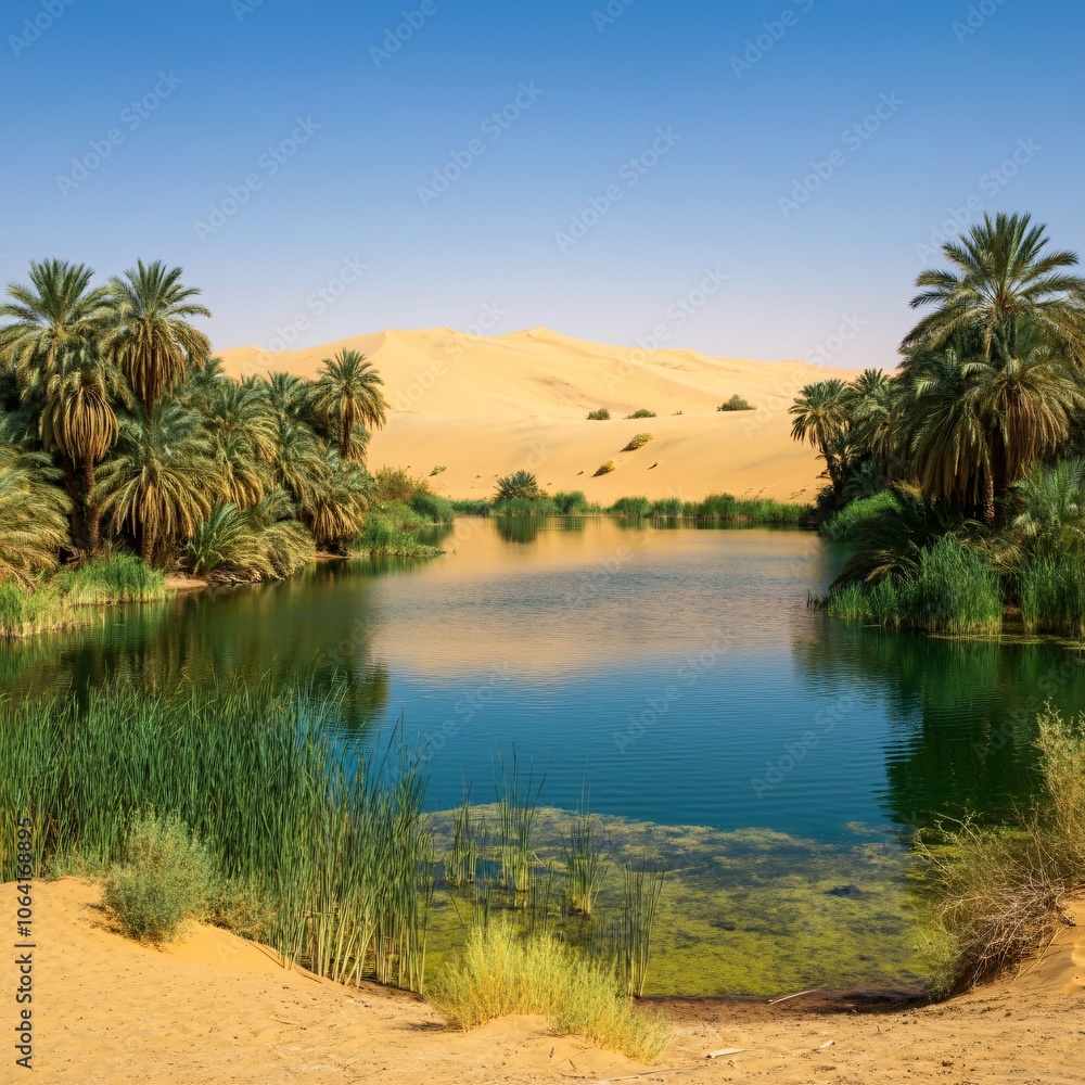 Obraz premium Hidden oasis with clear blue water and palm trees surrounded by desert dunes