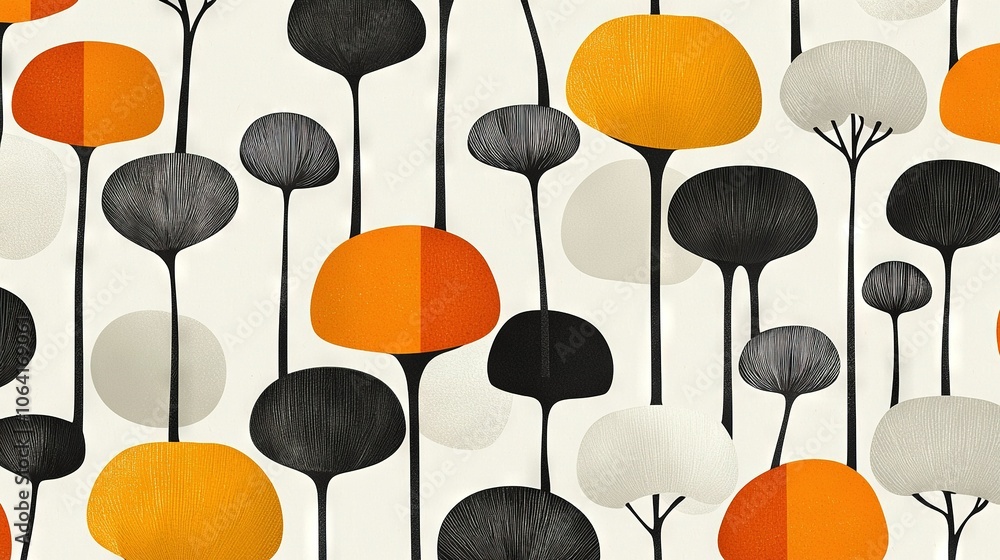 Fototapeta premium An orange, black, and white wallpaper with trees and leaves on a white wallpaper background