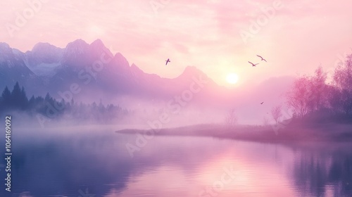 Wallpaper Mural Serene mountain lake with pink sky, fog, trees, and birds. Torontodigital.ca