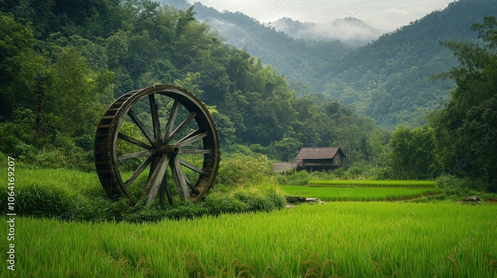 Fototapeta premium A large wooden water wheel stands in a lush green field, with a small wooden house and a misty mountain backdrop.