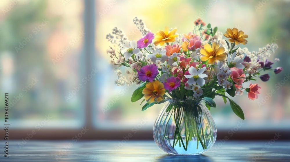 A vibrant bouquet of mixed flowers in a clear glass vase sits on a wooden table in front of a window. A vibrant bouquet of mixed flowers in a clear glass vase sits on a wooden table in front of a window.