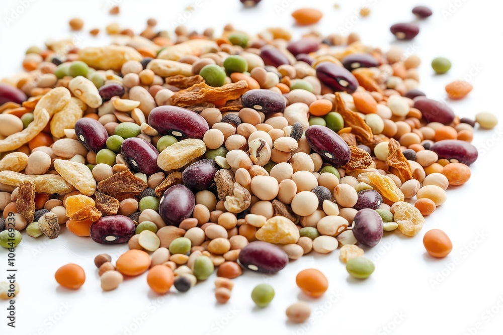 Vibrant dried, ground legumes assortment in various sizes, shapes on white background. Earthy browns, bright oranges colors create contrast. Diverse legumes collection, wholesome ingredient, natural, Vibrant dried, ground legumes assortment in various sizes, shapes on white background. Earthy browns, bright oranges colors create contrast. Diverse legumes collection, wholesome ingredient, natural,
