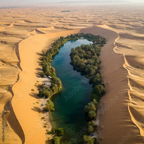 Hidden oasis with clear blue water and palm trees surrounded by desert dunes