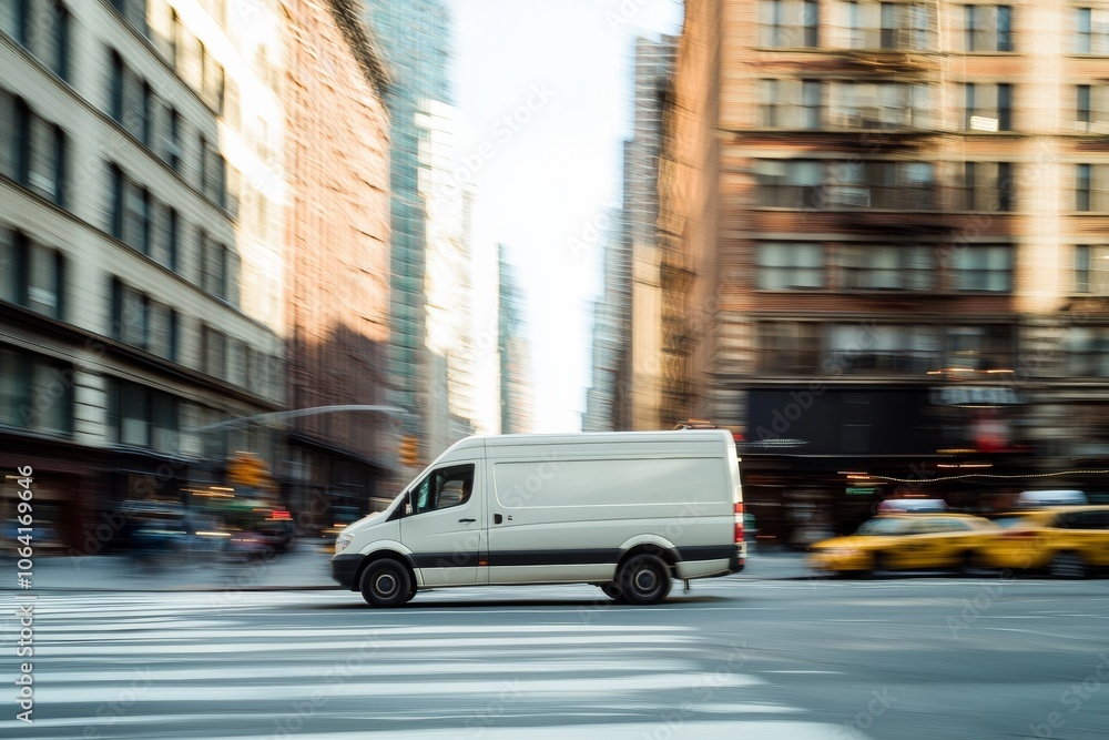 A white delivery van driving through a busy city street with motion blur effects, emphasizing speed. Ideal for themes of urban logistics, delivery, and transportation. A white delivery van driving through a busy city street with motion blur effects, emphasizing speed. Ideal for themes of urban logistics, delivery, and transportation.