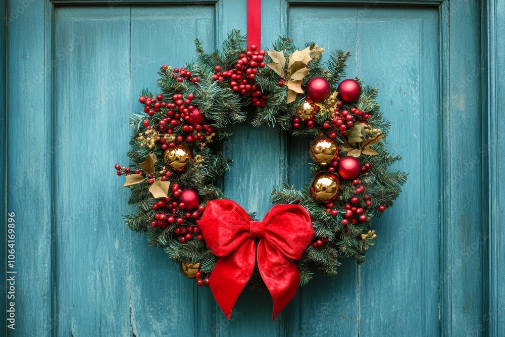 Fototapeta premium Maximalist style Christmas wreath with layers of ribbons, berries, baubles, and large bows, hanging on a boldly painted door