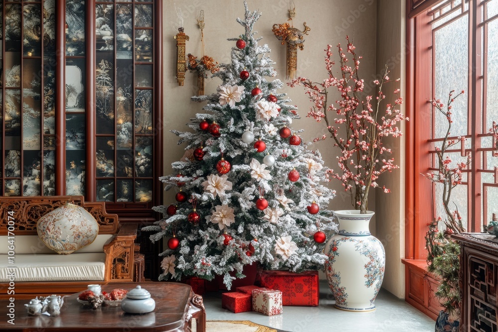Chinoiserie living room with a Christmas tree adorned with porcelain ornaments, cherry blossoms, and intricate patterns Chinoiserie living room with a Christmas tree adorned with porcelain ornaments, cherry blossoms, and intricate patterns