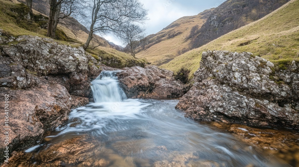 A small waterfall cascades over rocks in a lush green valley, with a cloudy sky above. A small waterfall cascades over rocks in a lush green valley, with a cloudy sky above.