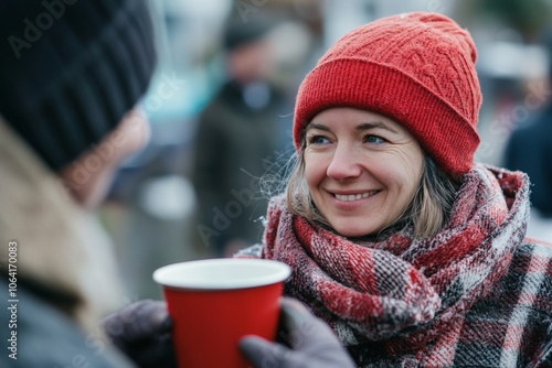 random acts of kindness - community kitchen volunteer offering a warm drink to a homeless woman on a cold Christmas morning