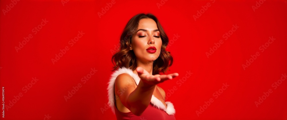 A stylish woman in a red outfit sends a kiss, standing against a vivid red backdrop. Her gesture conveys warmth and affection, creating a romantic and festive mood.
A stylish woman in a red outfit sends a kiss, standing against a vivid red backdrop. Her gesture conveys warmth and affection, creating a romantic and festive mood.