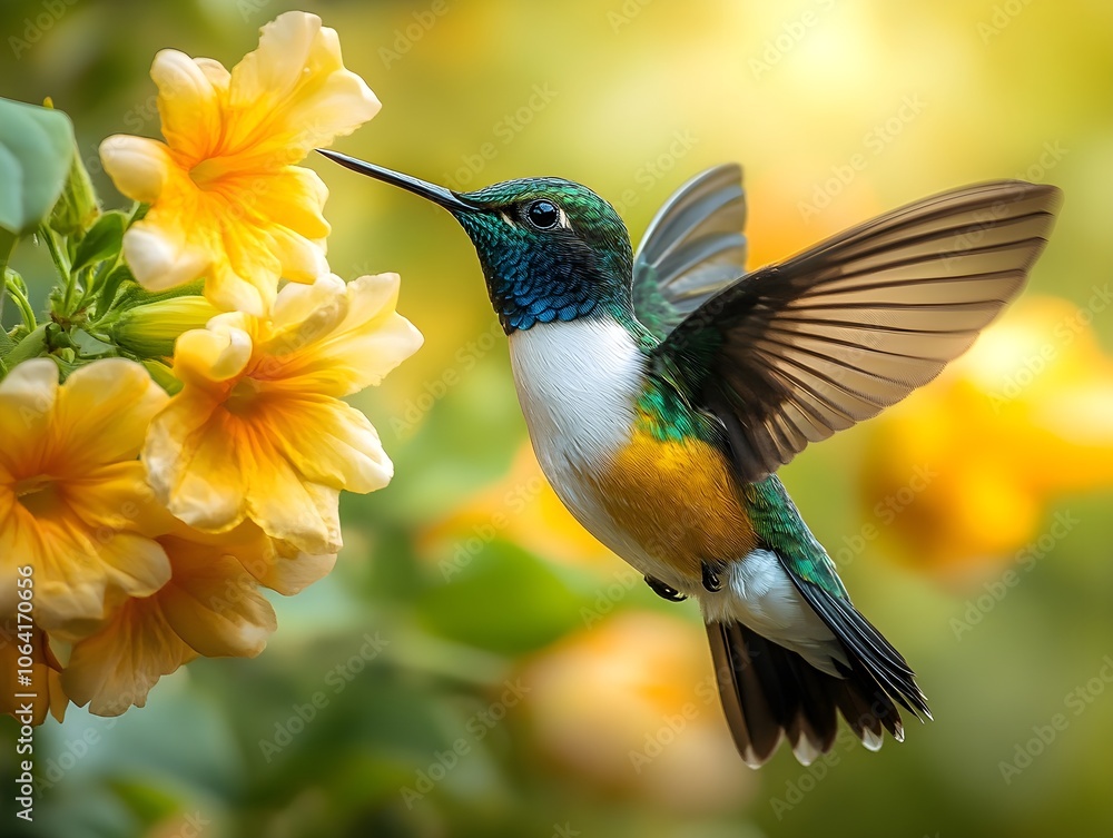 Fototapeta premium Flying hummingbird in a blooming garden