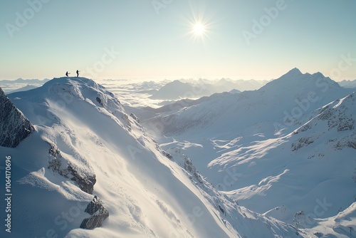 Climbers Reaching the Summit of a Snowy Mountain Under a Clear Blue Sky in the Early Morning Light photo