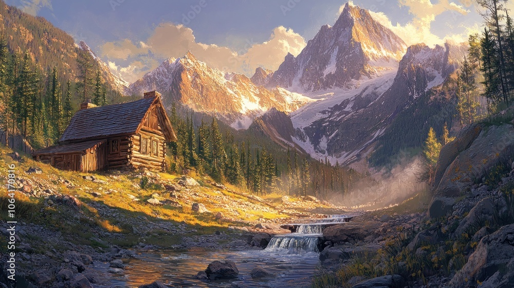 A rustic wooden cabin nestled in a mountain valley with a flowing river and snow-capped peaks in the background. A rustic wooden cabin nestled in a mountain valley with a flowing river and snow-capped peaks in the background.