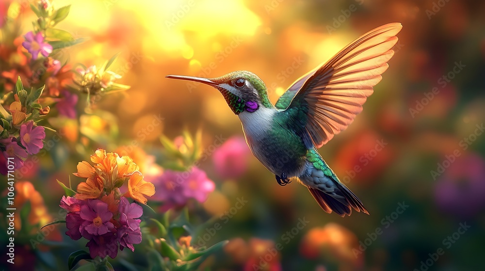 Naklejka premium Flying hummingbird in a blooming garden