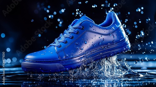 Stylish blue sneaker with water splash, waterproof highlight, intense blue tones photo