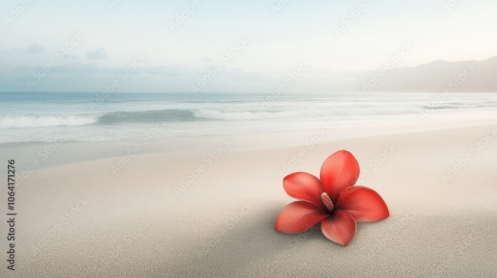 A single red flower lays on the pristine, white sand of a deserted beach. The ocean waves gently lap at the shore, creating a peaceful and serene atmosphere. The sky is a soft blue with wispy clouds. A single red flower lays on the pristine, white sand of a deserted beach. The ocean waves gently lap at the shore, creating a peaceful and serene atmosphere. The sky is a soft blue with wispy clouds.