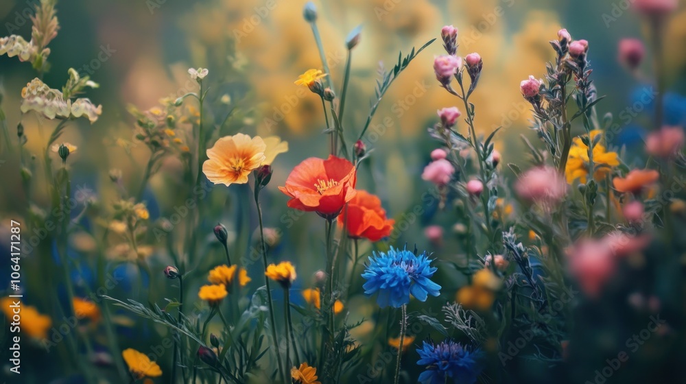 Obraz premium A vibrant meadow filled with wildflowers in shades of orange, red, yellow, pink, and blue.