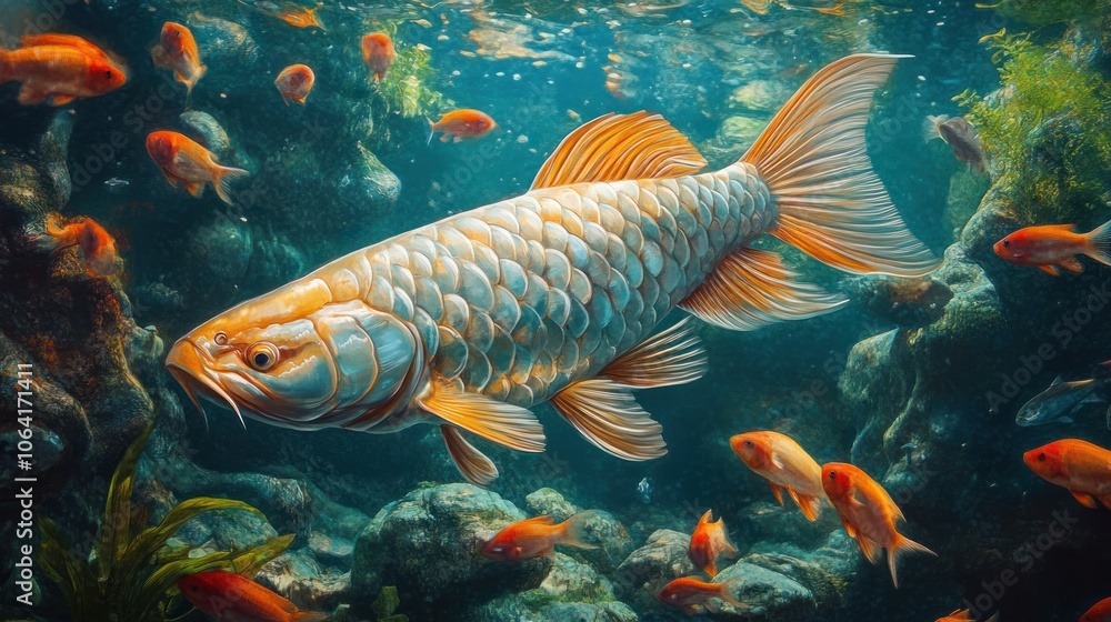 A large golden carp swims through clear water, surrounded by smaller fish and rocks. A large golden carp swims through clear water, surrounded by smaller fish and rocks.