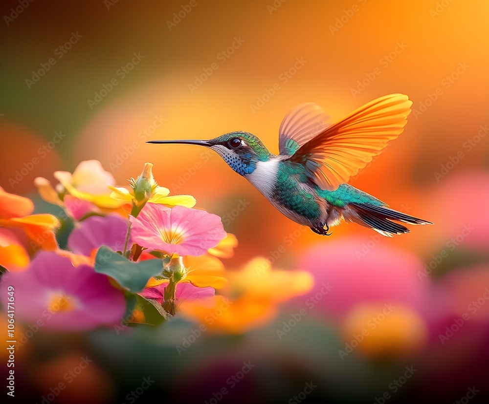 Naklejka premium Flying hummingbird in a blooming garden