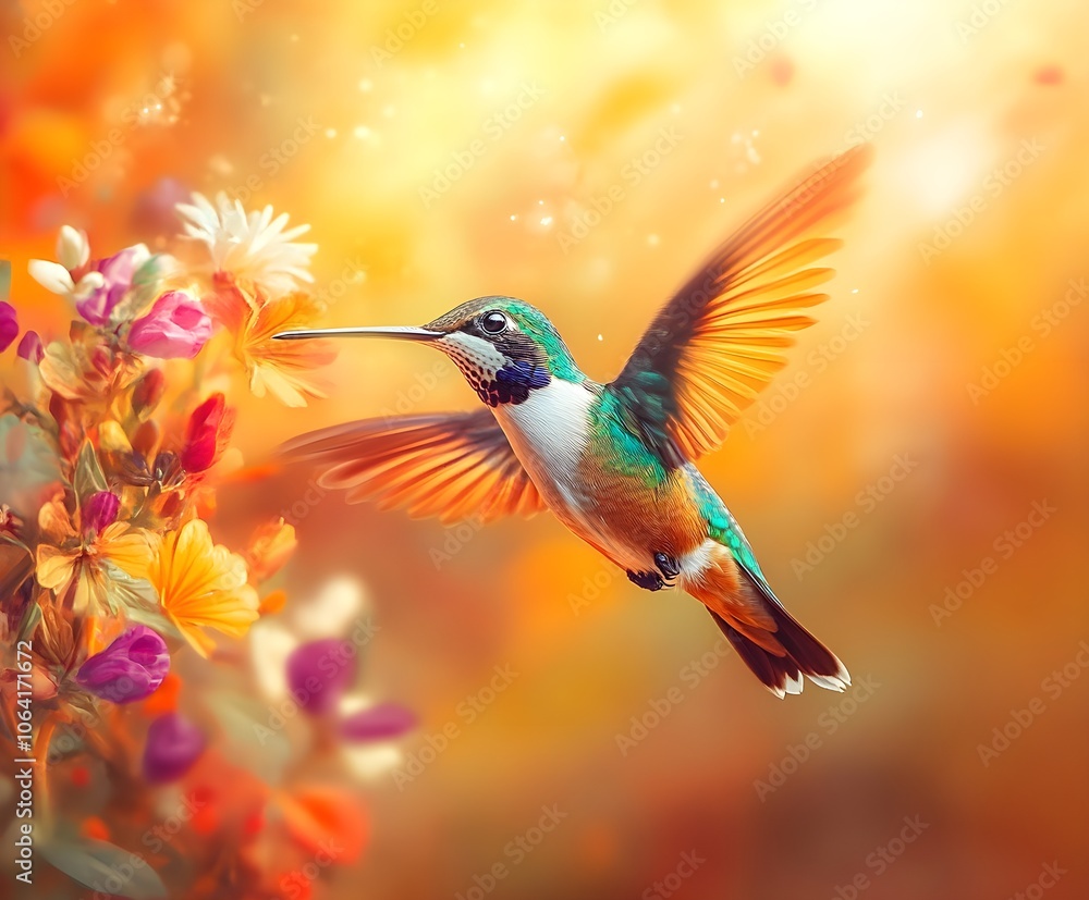 Fototapeta premium Flying hummingbird in a blooming garden