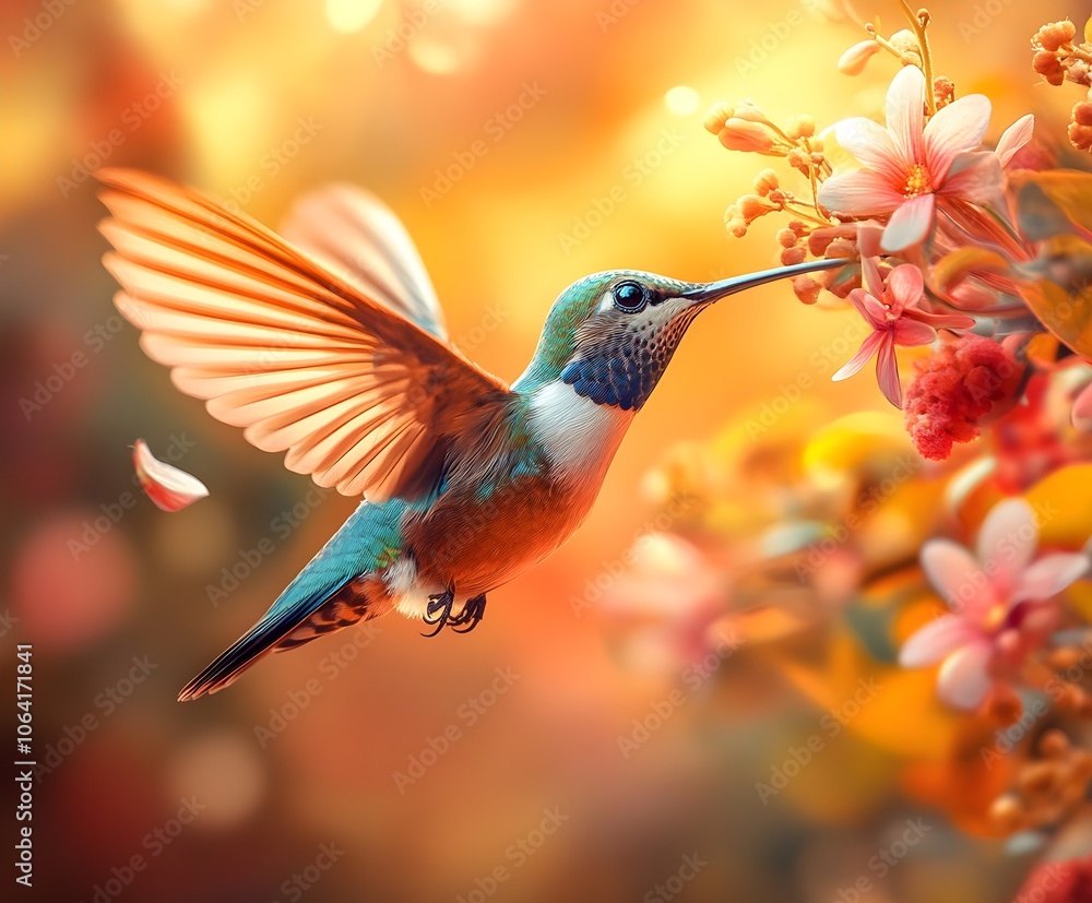 Fototapeta premium Flying hummingbird in a blooming garden