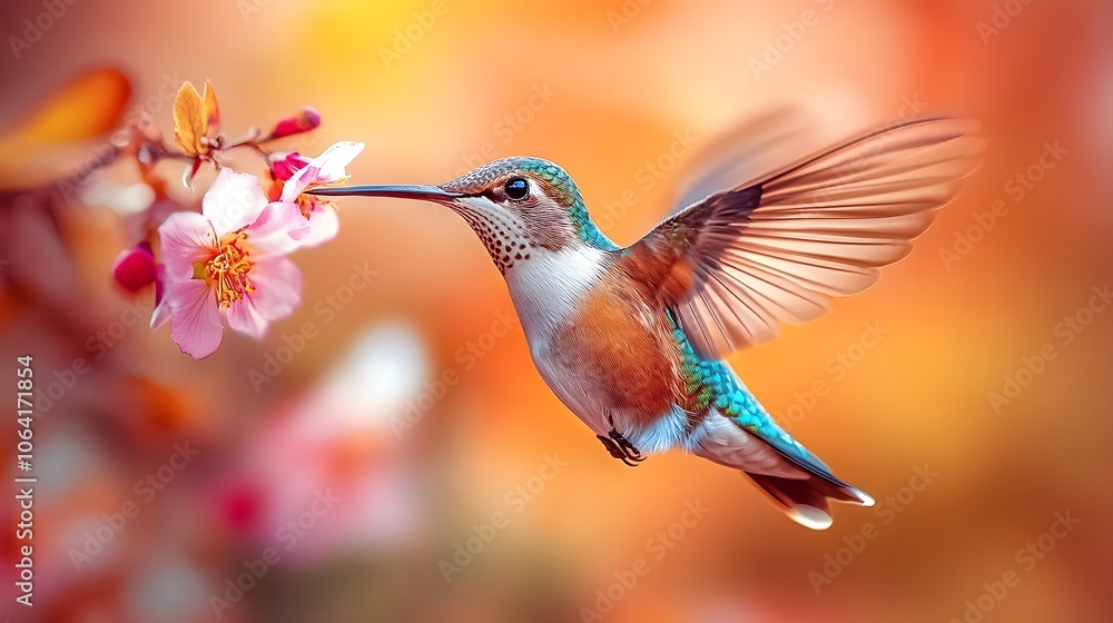 Naklejka premium Flying hummingbird in a blooming garden