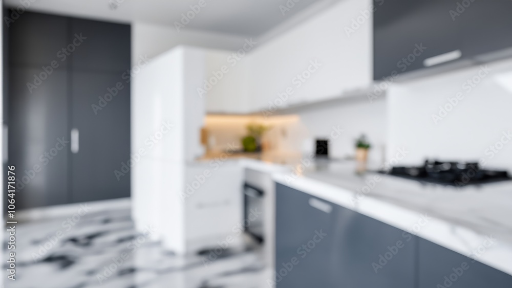 Blurred view of a modern kitchen with white cabinets, a grey island, a marble floor, and stainless steel appliances. Blurred view of a modern kitchen with white cabinets, a grey island, a marble floor, and stainless steel appliances.