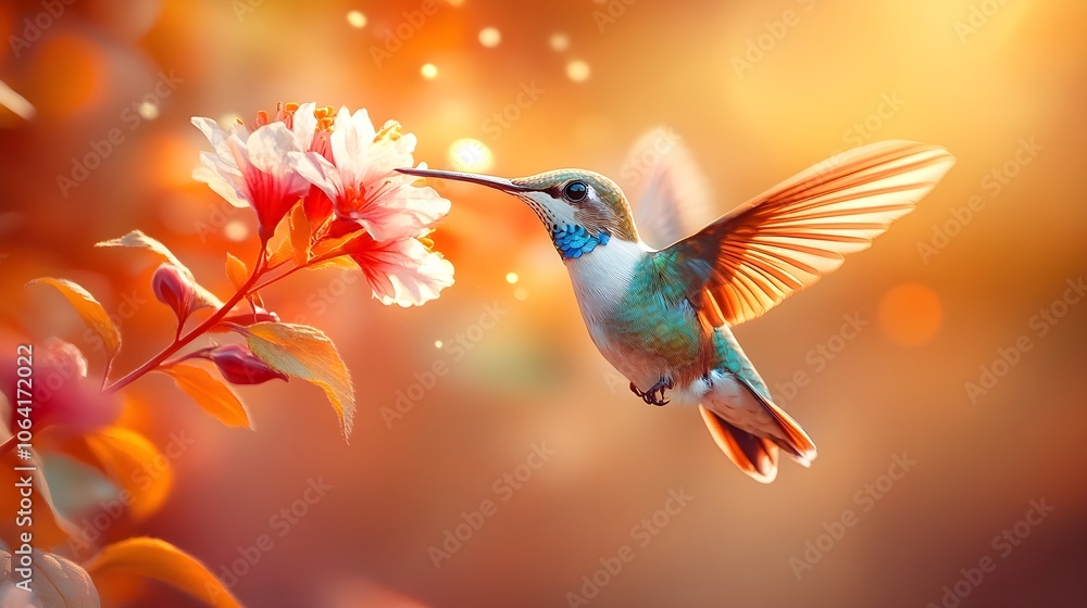 Fototapeta premium Flying hummingbird in a blooming garden