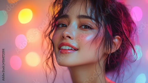 A young woman with a bright smile and glowing skin, photographed against a backdrop of colorful bokeh lights.