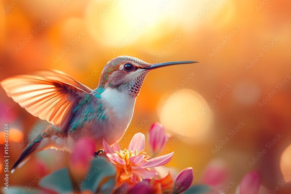 Naklejka premium Flying hummingbird in a blooming garden