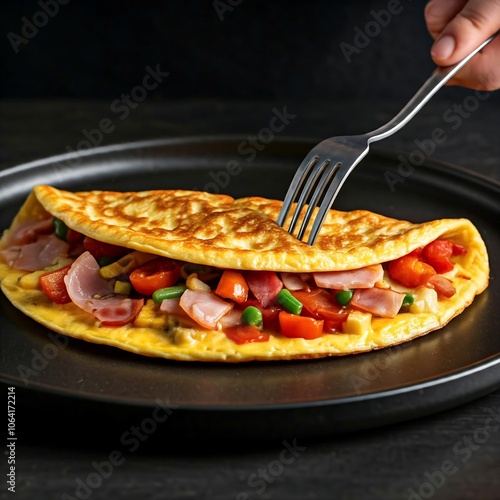 A perfectly cooked omelette filled with bell peppers, tomatoes, and mushrooms, served on a white plate with a fork. photo