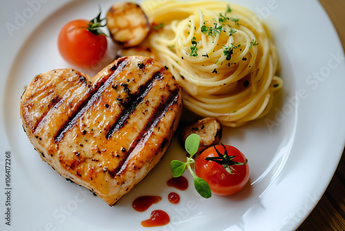 Grilled chicken breast is forming a heart shape, served with spaghetti, cherry tomatoes and garlic, creating a romantic dinner concept photo