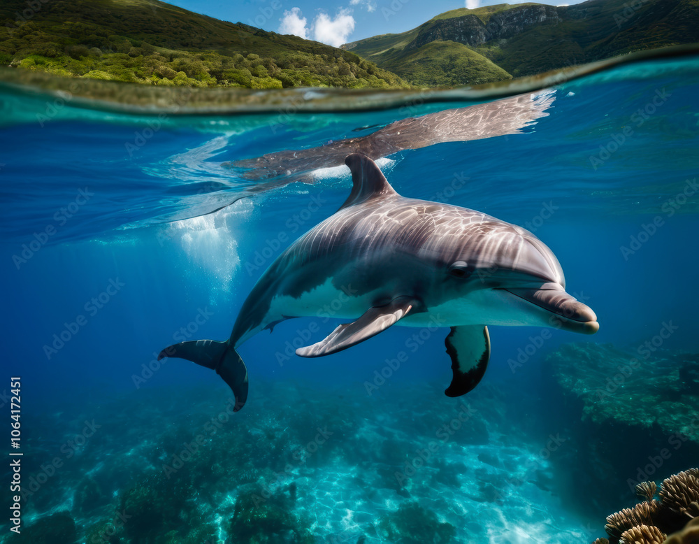 Fototapeta premium A lively dolphin swims gracefully in clear ocean waters, showcasing the beauty of marine life and the vibrant underwater world