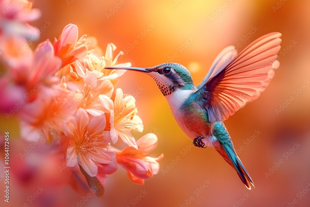 Naklejka premium Flying hummingbird in a blooming garden