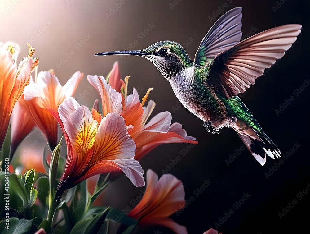 Naklejka premium Flying hummingbird in a blooming garden