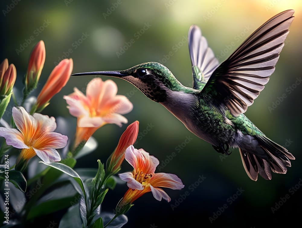 Naklejka premium Flying hummingbird in a blooming garden